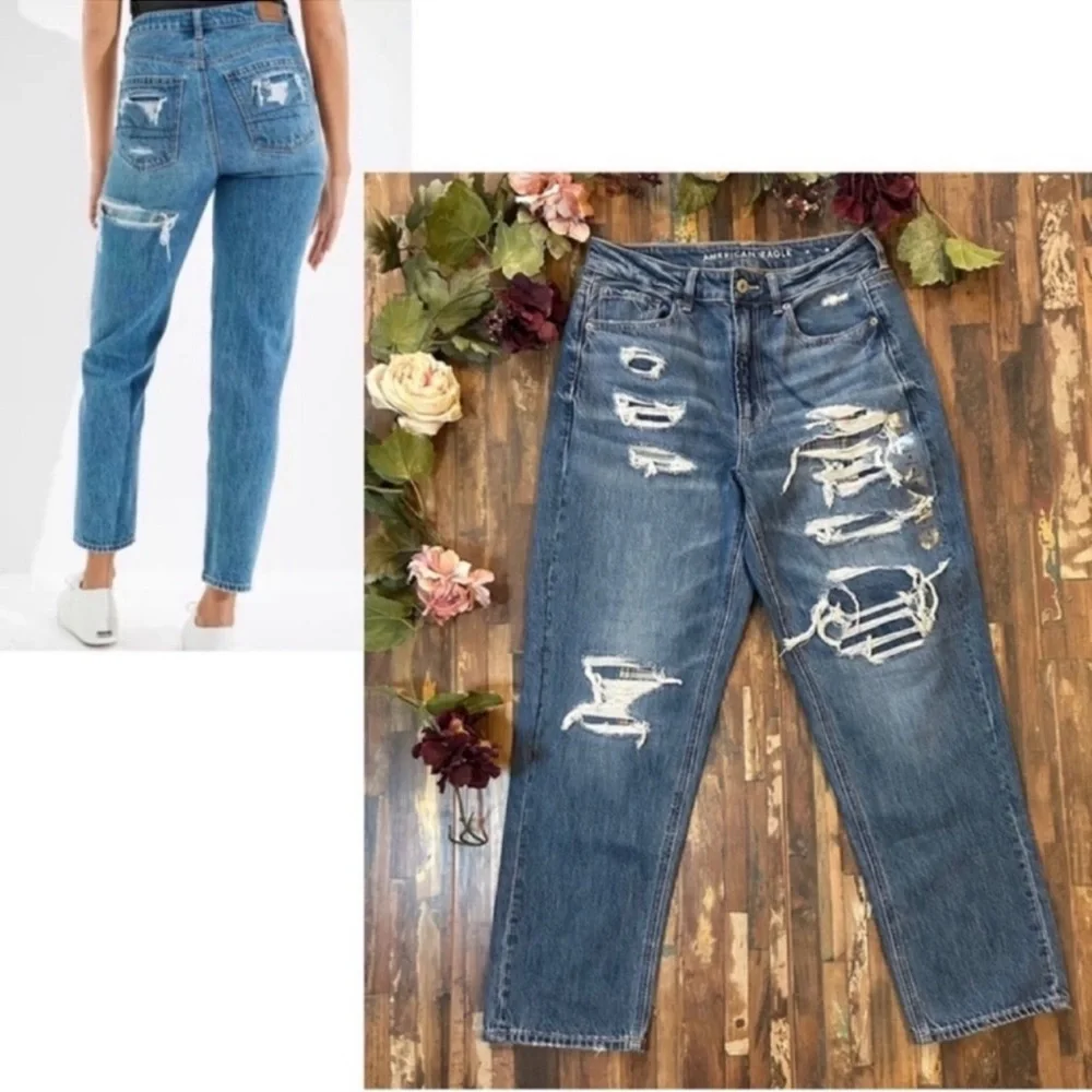 AMERICAN EAGLE NWT High Rise Distressed Plaid Patch Mom Jeans 8 - Picture 1 of 13